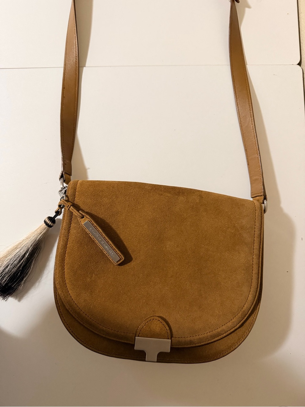 Suede Saddle Crossbody Bag in Camel